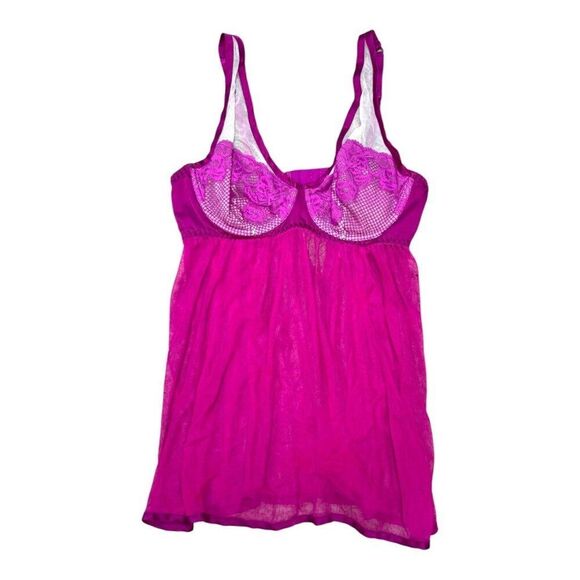 Cacique Hot Pink Lace Babydoll Lingerie 14 16 Underwire Sheer Nightwear Plus Sz - Picture 1 of 4